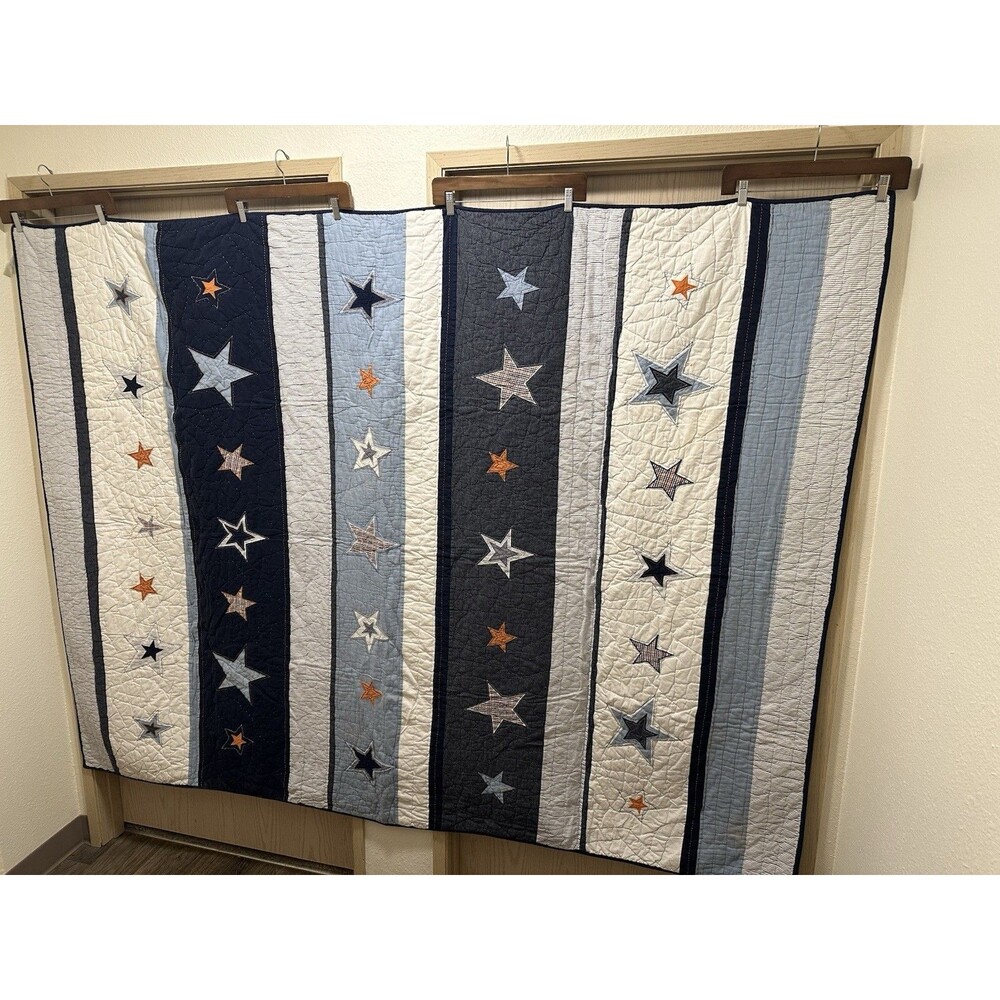 Pottery Barn Kids Star Appliqué Quilt 68x86 + Euro Sham Blue White Discontinued